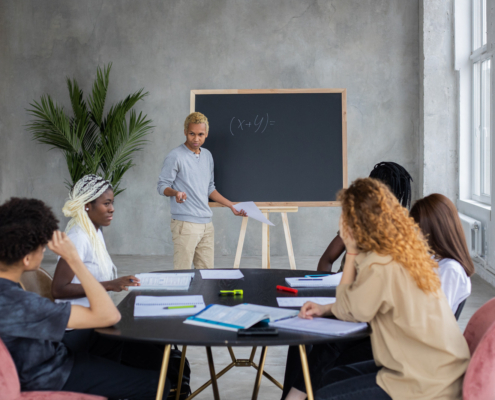 Math tutoring Richmond session with tutor teaching students at a whiteboard in a classroom setting